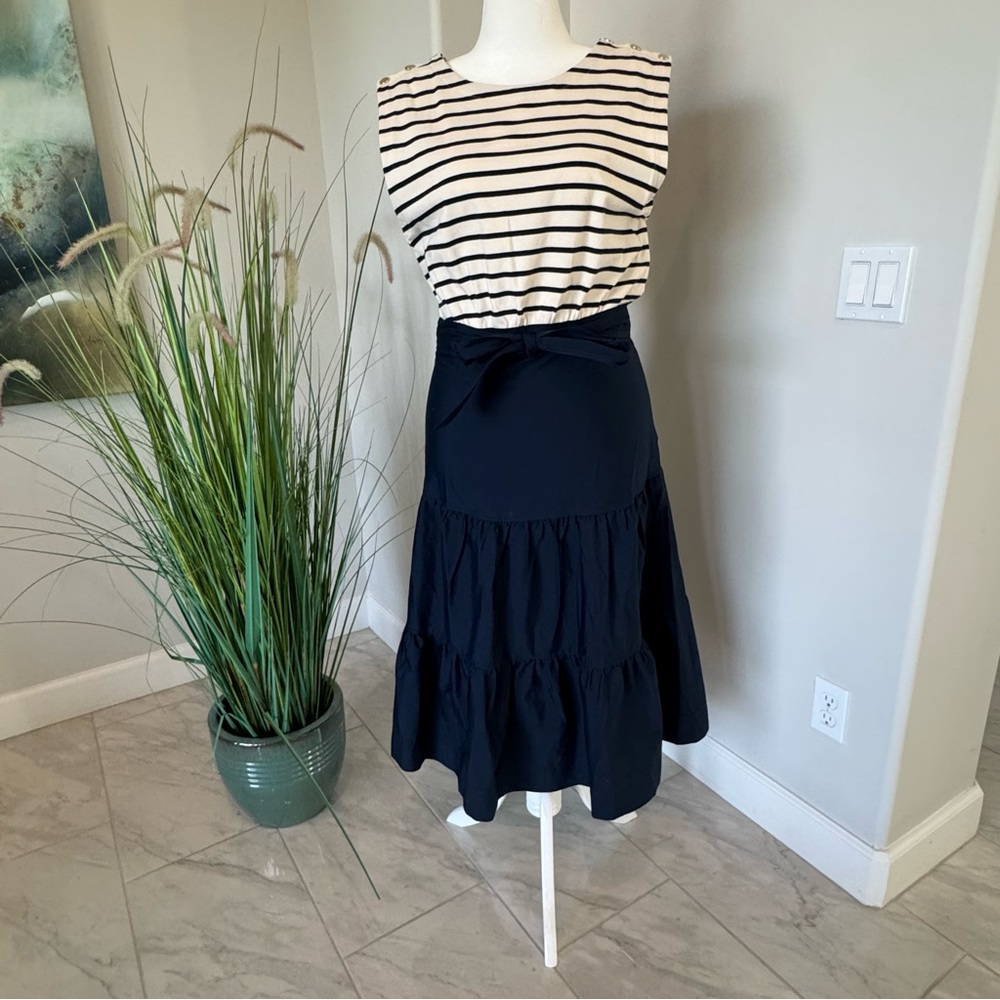Veronica Beard Pazila Mixed-Media Midi-Dress  w/Belt Tie in Navy Blue and Ecru